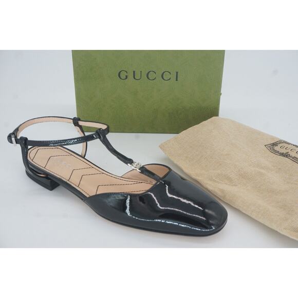 GucciBlack Patent Buckled T Strap GG Square Ballet Flat Sandals Size 36 NIB $890